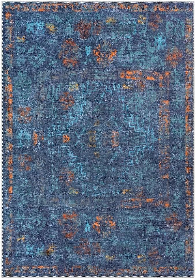 GLN Rugs Contemporary Collection - Machine Washable Area Rug, Contemporary Washable, Non Slip, Low Pile Chenille Rug, Living Room, Bedroom, Kitchen Rug (4' x 6' Midnight/Multi)