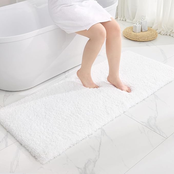 White Bathroom Runner Rug 24x59 Non Slip Fluffy Long Bath Mat for Bathroom Floor Washable Plush Luxury Bath Rug for Tub Absorbent Shower Sink Mat Bedside Rug