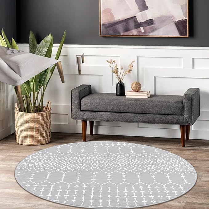 Lahome Moroccan Washable Round Rug 4Ft Round Area Rugs for Bedroom Non-Slip Grey Stain Resistant Round Kitchen Rug, Modern Geometric Print Indoor Floor Circle Carpet for Entryway Living Room Sofa
