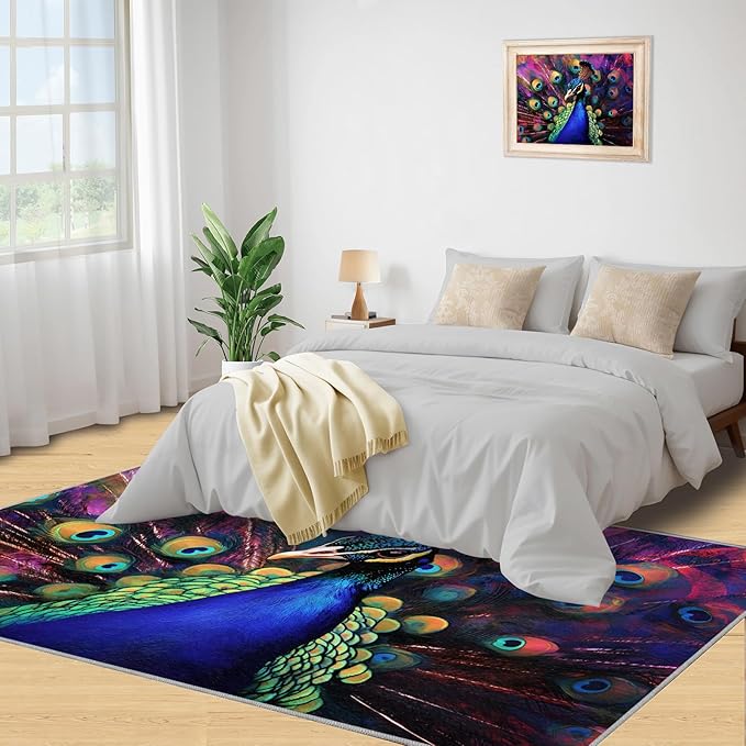 Peacock Rugs for Bedroom - 2x3 Area Rug - Watercolor Peacock Rugs for Living Room, Abstract 3D Animal Rug, Non-Slip Washable Home Decor Carpet