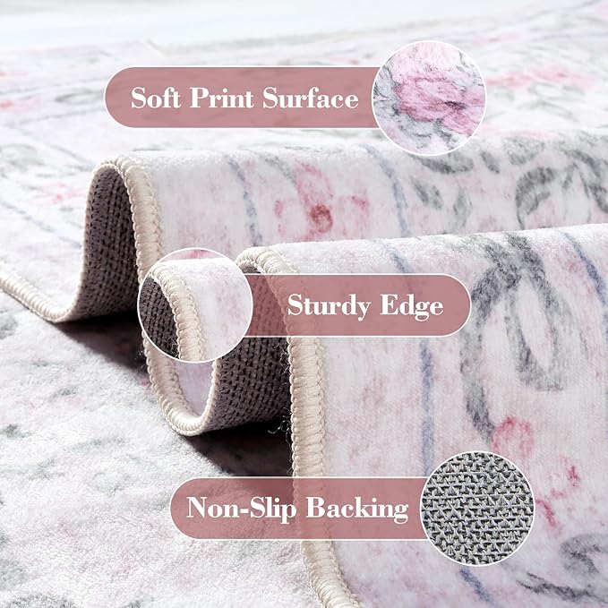 Wonnitar Pink Washable Round Rugs 6ft, Bow Round Area Rug for Bedroom, Ultra-Thin Non Slip Soft Boho Floral Circle Carpet for Teen Girl Room Kids Nursery Living Room Decor, Light Pink