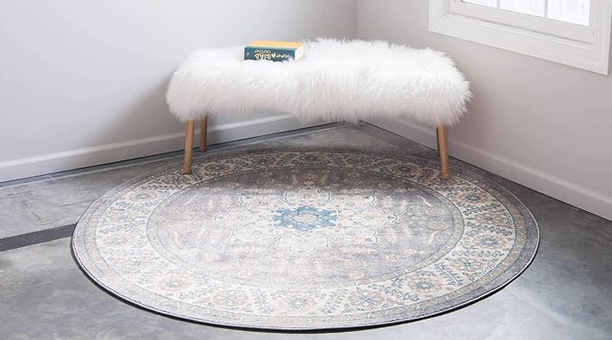 Unique Loom Salzburg Collection Classic Traditional Design Oriental Inspired Border Area Rug (7' 3 x 7' 3 Round, Gray/Beige)