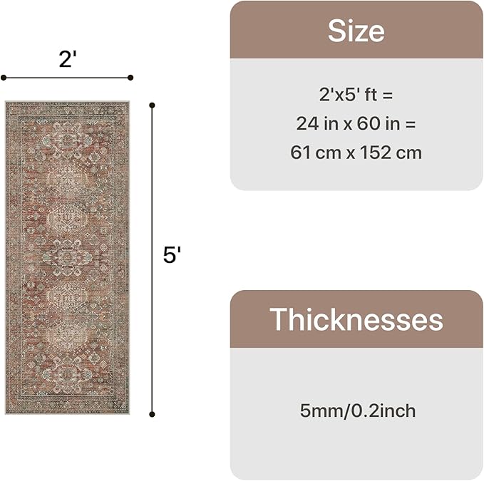 Bavni Washable Runner Rug 2x5, Non Slip Vintage Hallway Runner, Ultra Thin Low Pile Washable Carpet for Kitchen Entryway Bedroom, Brick