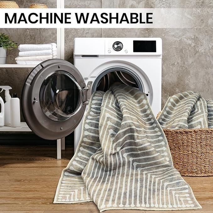 GLN Rugs Contemporary Collection - Machine Washable Area Rug, Contemporary Washable, Non Slip, Low Pile Chenille Rug, Living Room, Bedroom, Kitchen Rug (2' x 3' Lines Cream)