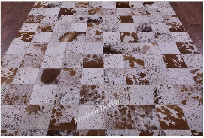 Modern Design Premium Cowhide Leather Carpet with Chevron Pattern, Area Rug (White/Brown, 12x15)