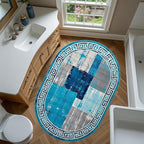 Distressed Blue Grey Greek Key Pattern Indoor Area Rug 2x3 for Living Room Bedroom Dining Room Faux Wool Anti Slip Floor Mats Nursery Entryway Minimalist Geometric Texture Bordered Rugs Retro Carpet