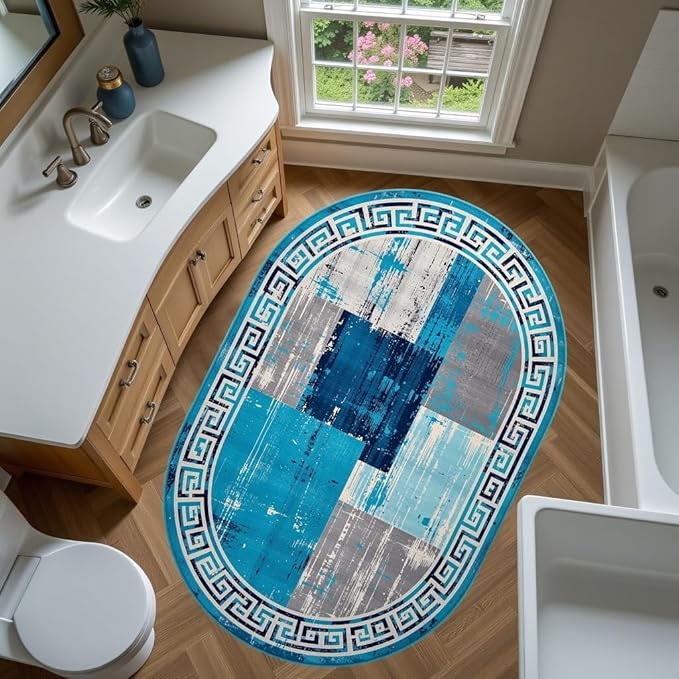 Distressed Blue Grey Greek Key Pattern Indoor Area Rug 5x8 for Living Room Bedroom Dining Room Faux Wool Anti Slip Floor Mats Nursery Entryway Minimalist Geometric Texture Bordered Rugs Retro Carpet