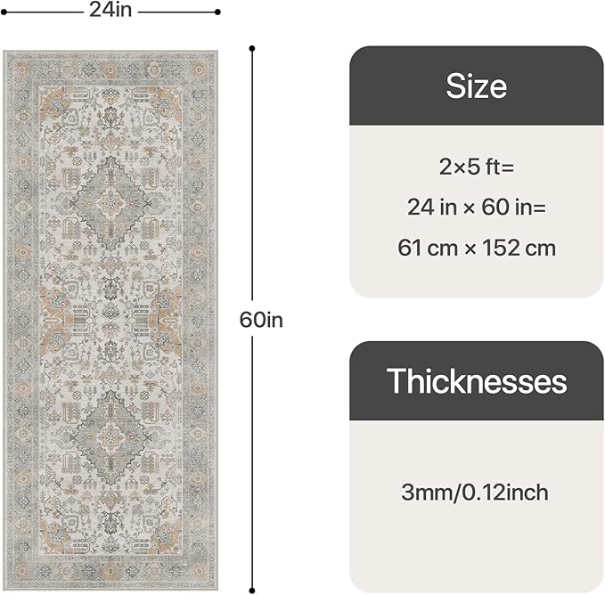Bavni 2x5 Washable Runner Rug for Hallway, Vintage Grey Rug with Non-Slip Backing, Oriental Distressed Print Indoor Kitchen Runner, Low Pile Thin Soft Small Rugs for Entryway, Bedroom, Laundry Room