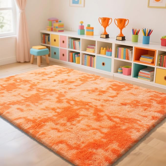 Mottling Orange Fluffy Rug Shaggy Area Rug, 6x9 Area Rugs for Girls Bedroom, Big Soft Shaggy Bedside Non-Slip Plush Dorm Nursery Kids Carpet Home Decor Aesthetic
