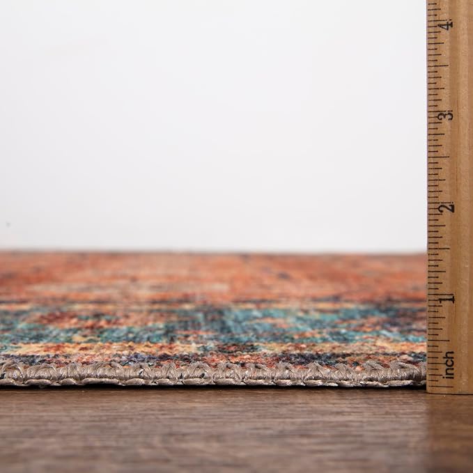 Bloom Rugs Washable Non-Slip 7 ft Runner - Orange/Teal Blue Traditional Bordered Runner for Entryway, Hallway, Bathroom, and Kitchen - Exact Size: 2.5' x 7'