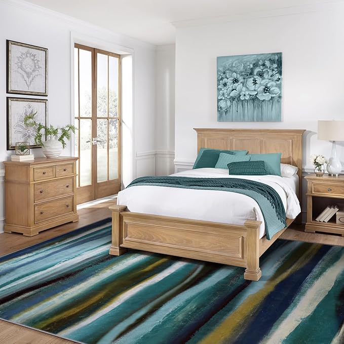 Abstract 9x12 Area Rug, Modern Stripe Teal Rugs for Living Room, Washable Soft Large Non-Slip Floor Carpet for Dining Room Office Bedroom Farmhouse Decor - Teal/Multi