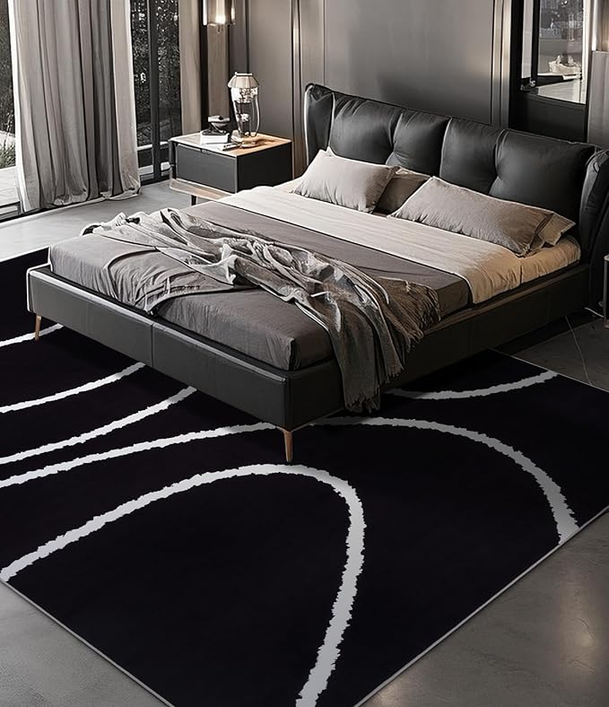 YIHOUSE Black Modern Area Rug 6x9,Abstract Rugs for Bedroom,Black and White Geometric Rug,Minimalist Wave Rug,Dark Washable Area Rugs 6x9 Non Slip Rugs for Living Room，Office