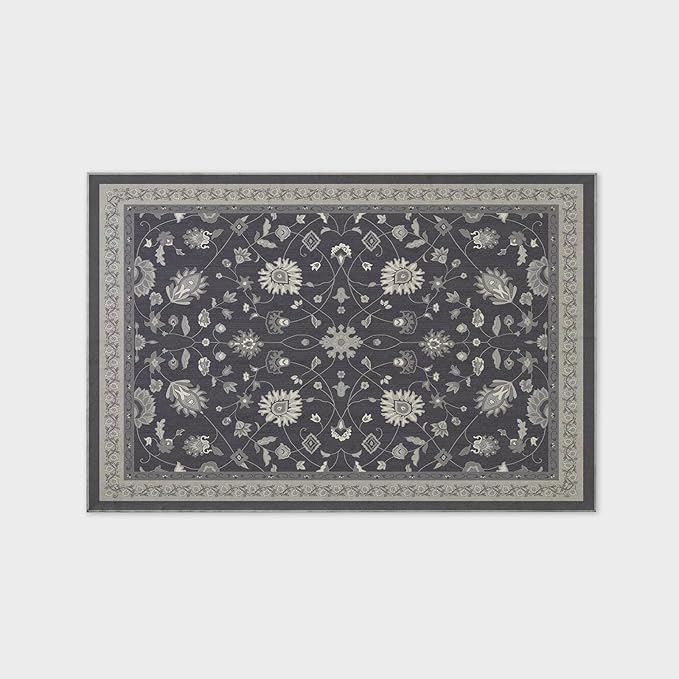 EVERGRACE Area Rugs for Living Room 6x9, Boho Floral Faux Wool Indoor Outdoor Rugs, Washable Rugs for Bedroom Dining Room Entryway Kitchen, Low Pile Floor Mat Carpet for Home Decor, Ebony Black