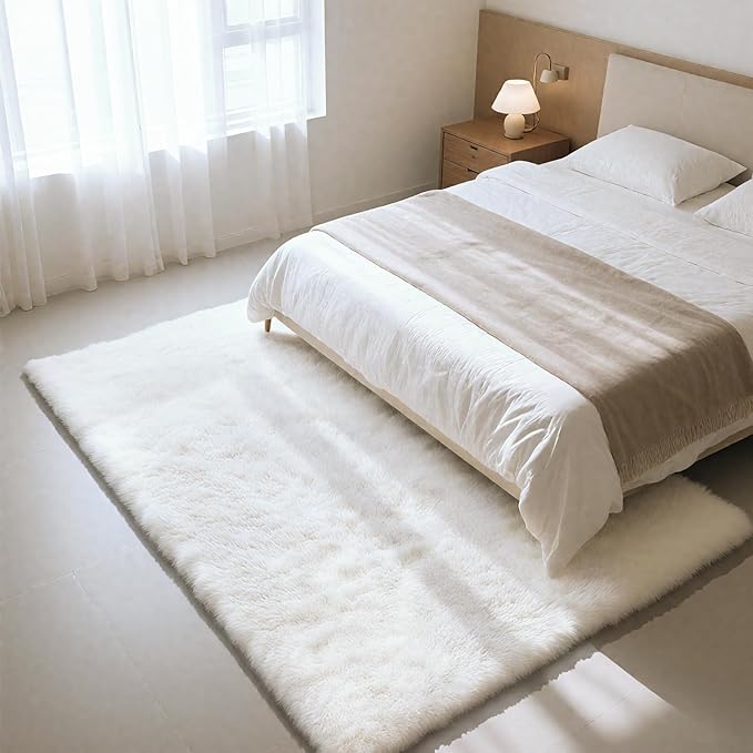 Fluffy Rug Shaggy Area Rug, White 4x6 Area Rugs for Bedroom, Small Bedside Rug, Soft Fluffy Shaggy Entryway Throw Rugs for Living Room Bedroom Kids Room Home Decor