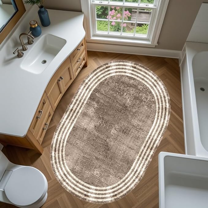 Country Earth Tone Brown Minimalist Distressed Home Office Rugs 3x5 for Living Room Bedroom Diningrooom Machine Washable Soft Thick Area Rug Nursery Dorm Kitchen Oval Geometric Bordered Large Carpet