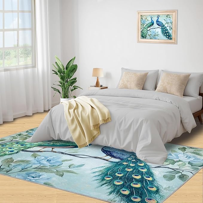 Peacock Rugs for Living Room - 3x4 Rug, Classic Peacock Floral Area Rugs for Bedroom, Teal Turquoise Rug, Modern Style Washable Carpet, Aesthetics Carpet - Peafowl Home Decor & Gifts