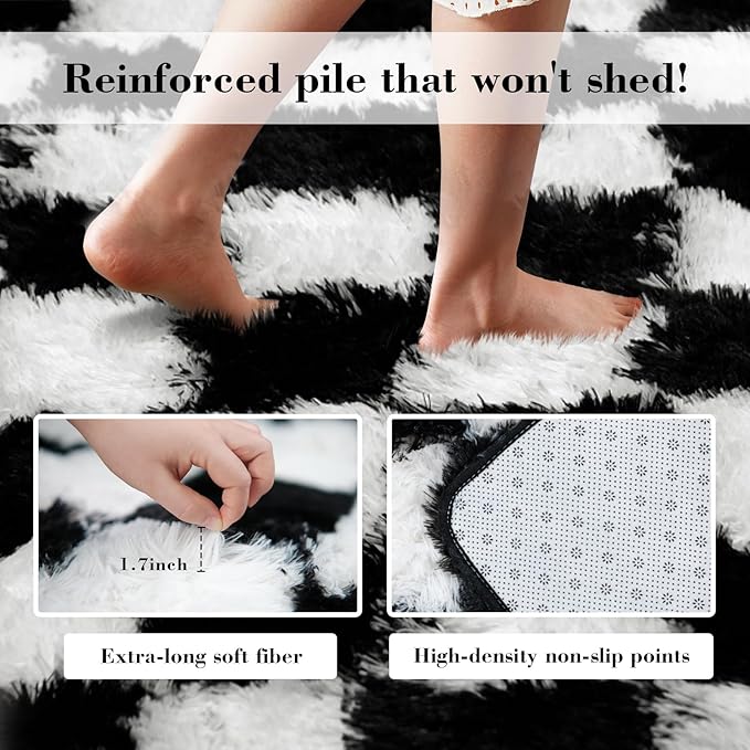 Checkered Rug for Living Room, 8x10 Black and White Area Rugs, Classic Checkered Carpets Shaggy Area Rug, Bedside Rugs for Living Room Bedroom Kids Room Home Decor