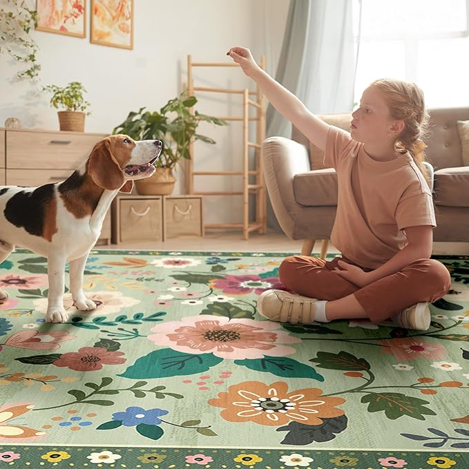 Floral 9x12 Area Rug Machine Washable Soft Print Boho Carpet Non Slip Doormat Low Pile Flower Area Rugs for Living Room Bedroom Nursery Kitchen Dining Room Indoor-Light Green
