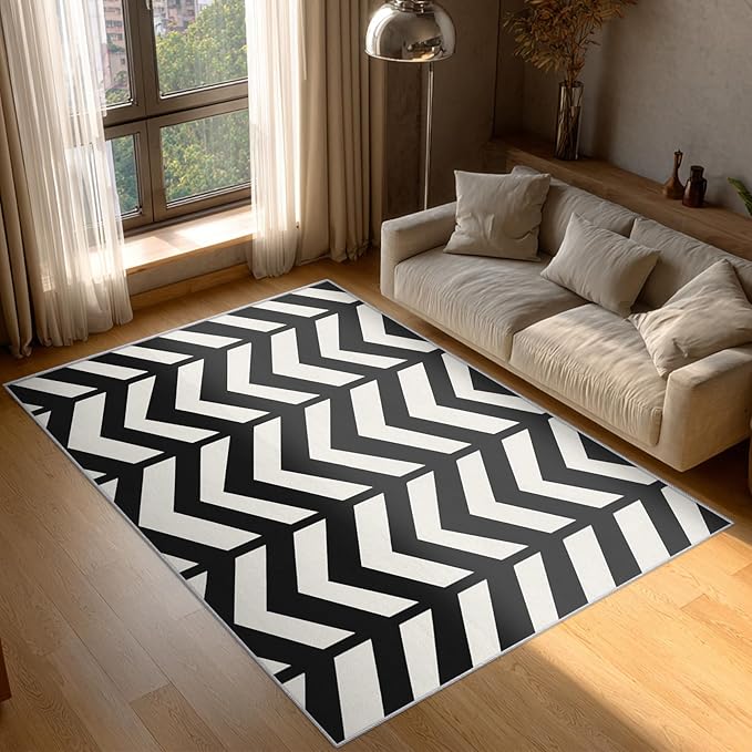 4x6 Black and White Chevron Rugs for Bedroom Decor, Washable Chevron Geometric Pattern Area Rug, Living Room Home Decoration, Non Slip Soft Thin, Modern Zigzag Decor Carpet PF-P 49