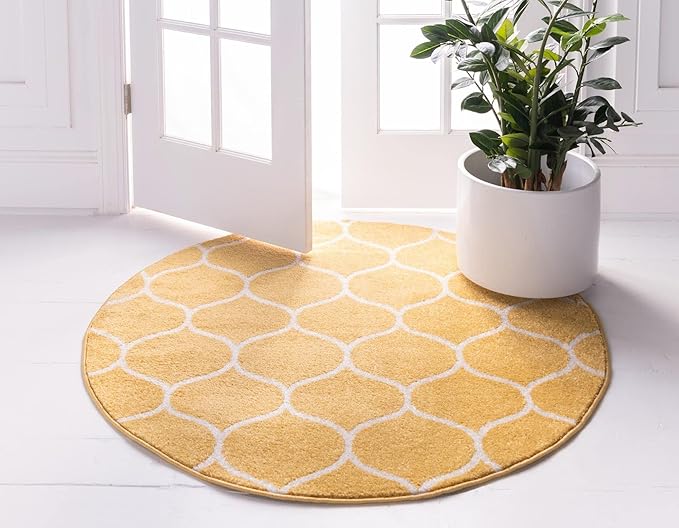 Rugs.com Lattice Frieze Collection Rug – 7' Round Yellow Medium Rug Perfect for Kitchens, Dining Rooms