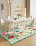 Boho Washable Area Rug 5x7 – Floral Low Pile Non-Slip Carpet for Living Room, Bedroom, Office, Playroom, Entryway, Kitchen, Dining Room (Green)