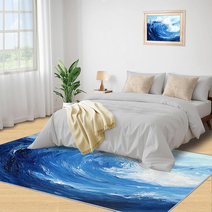 Japanese Ocean Rugs for Bedroom - 2x3 Area Rug - Ukiyo-E Ocean Waves Rugs for Living Room, Abstract Oil Painting Ocean Rug, Washable Home Decor Carpet