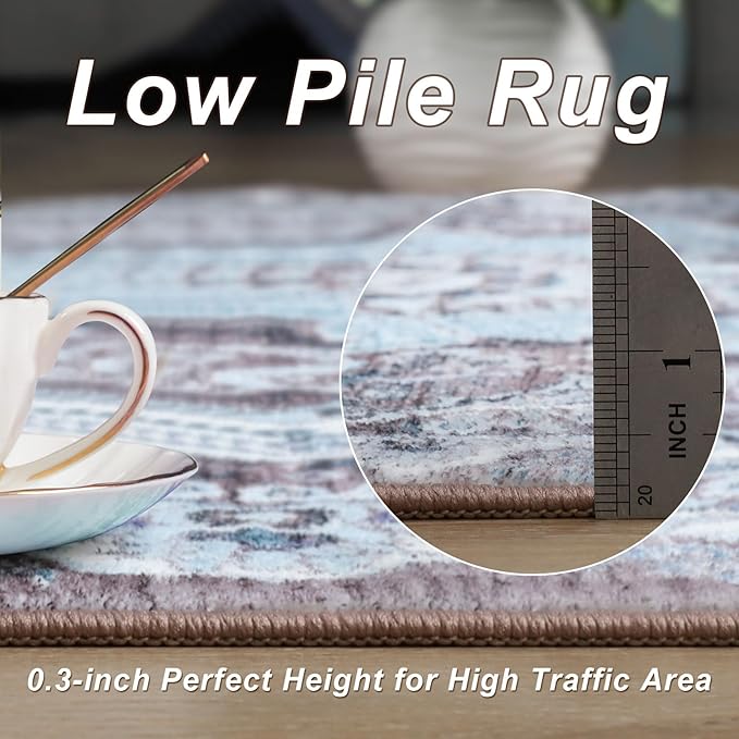 3x5 Area Rug for Bedroom, Machine Washable Rugs with Non-Slip Backing for Living Room, Soft Vintage Carpet Kitchen Laundry Kids Room Decor, Blue & Brown