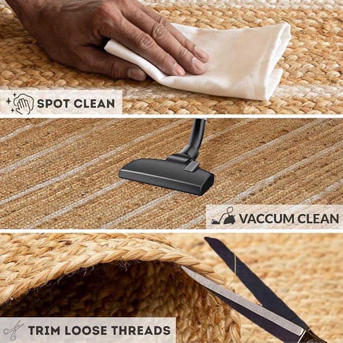 HOMEMONDE Natural Braided Jute Area Rug 5x8 ft - Off White Stripe Eco Friendly Premium Fiber - Hand Woven Rustic Vintage Farmhouse Rugs for Bedroom, Kitchen, Living Room, Dining Room