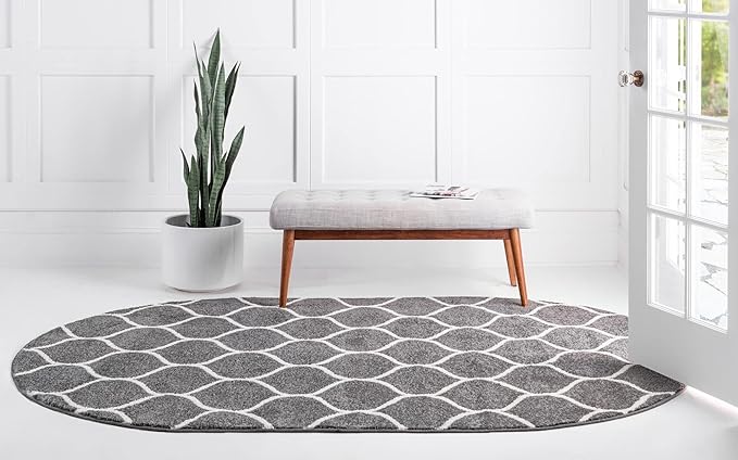 Rugs.com Lattice Frieze Collection Rug – 5' x 8' Oval Dark Gray Medium Rug Perfect for Living Rooms, Large Dining Rooms, Open Floorplans