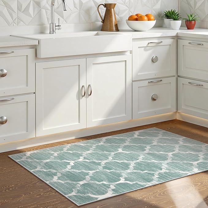 Lahome Moroccan Washable Kitchen Rugs- 2x4 Green Kitchen Mat Non-Slip Soft Bathroom Runner Throw Low-Pile Small Laundry Room Mat, Sage Print Distressed Floor Carpet Runners for Entryway Bedroom