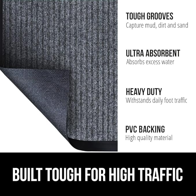 GORILLA GRIP Waterproof Traffic Guard Door Mat, 70x24, Heavy Duty Entryway Mats, Strong Rubber Back Commercial Rugs for Office Hallway, Garage Floor and Home, Low Profile Carpet Runner, Charcoal Gray
