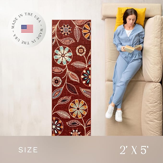 Maples Rugs Reggie Floral Runner Rug - Made in USA - Washable, Non Slip Indoor Carpet for Kitchen, Hallway, and Laundry Room, 2' x 5', Merlot