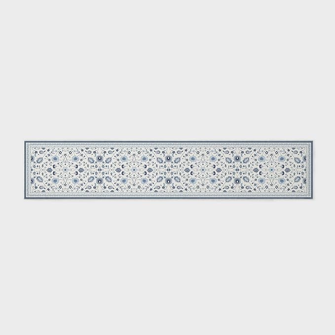 EVERGRACE Hallyway Area Runner Rugs 2x10, Boho Floral Faux Wool Indoor Outdoor Rugs, Washable Rugs for Bedroom Dining Room Living Room Kitchen, Low Pile Floor Mat Carpet for Home Decor, Porcelain Blue