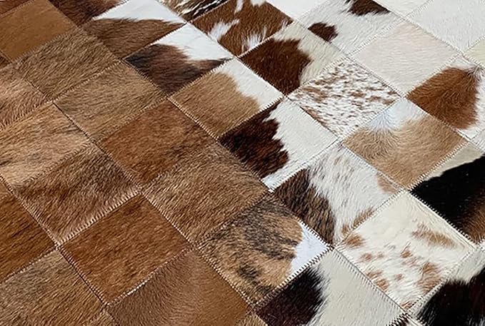 Round Cowhide Leather Rug 3x3 ft – Natural Brown Patchwork Carpet for Living Room, Bedroom, Lounge & Farmhouse Decor | Western Style Animal Skin Area Rug