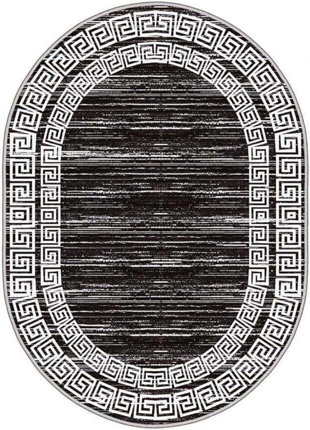 Minimalist Distressed Black Off White Greek Key Pattern Bordered Rug 7x9 for Liivng Room Bedroom Dining Room Soft Non Skid Washable Large Rugs Nursery Dorm Kitchen Rustic Classic Indoor Oval Carpet