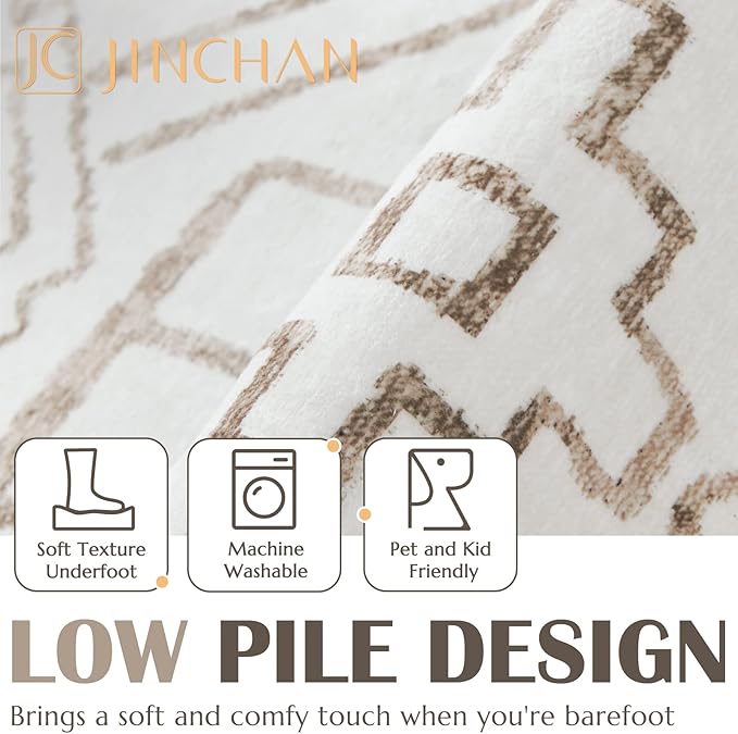 jinchan 3x5 Area Rugs for Entryway - Machine Washable Modern Rug Kitchen Soft Faux Wool Stain Resistant Non-Slip Ultra-Thin Low-Pile Geometric Carpet for Entrance Bedroom Living Room (3x5ft, Taupe)