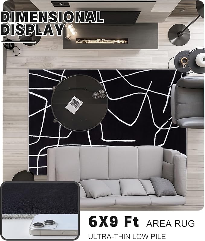YIHOUSE Modern Washable Area Rug for Living Room Bedroom - Large Abstract Black and White Rug Non-Slip Ultra-Thin Home Decor (Dark Abstract, 6'x9'ft)