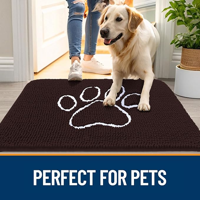 OLANLY Dog Door Mat for Muddy Paws 59x24, Paw Print Design, Absorbs Moisture and Dirt, Absorbent Non-Slip Washable Doormat, Quick Dry Chenille Mud Mat for Dogs, Entry Indoor Entryway Carpet, Brown
