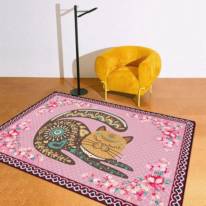Cartoon Animal Pattern Area Rug Cute Cat Luxury Floral Decor for Carpet Farmhouse Bedroom Living Room Rugs Bathroom Kitchen Runner Mat Indoor Outdoor Non Slip Doormat 4' X 4'