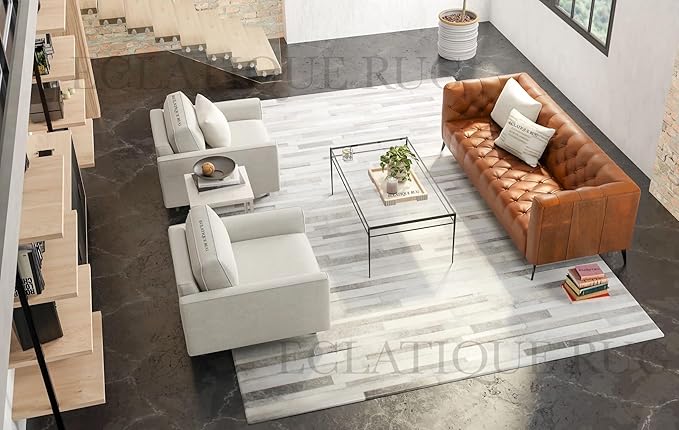 Cowhide Leather Rug for Living Room 9x12 Natural Leather Rug Silver Modern Stripes Style Floor Carpet for Home Decor | Superior Indoor Area Rug