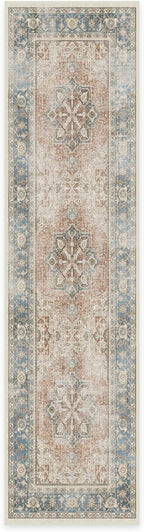 RUGGABLE Washable Vintage Runner Rug – Kamran Coral 2.5x10, Stain-Resistant, Non-Slip Hallway Runner – Machine Washable Rug for Hallway, Entryway, Living Room & Kitchen–with Cushioned Pad