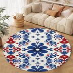 Vintage Blue Flowers Washable Round Rugs Oriental Tribal Floral Circle Rugs for Living Room Entryway Round Area Rug Soft Non Slip Nursery Carpet for Bedroom Dining Coffee Table 7ft
