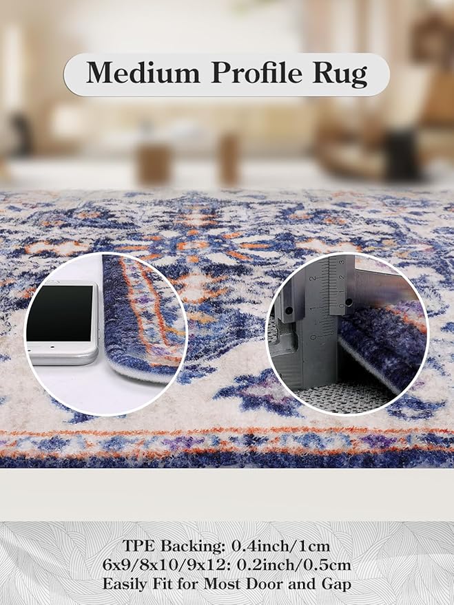 Lahome Bohemian Round Rug 3Ft Small Bedroom Round Area Rug Soft Bathroom Circle Mat, Vintage Machine Washable Non Slip Low Pile Indoor Floor Carpet for Kitchen Laundry Entryway, Blue Purple/Multi