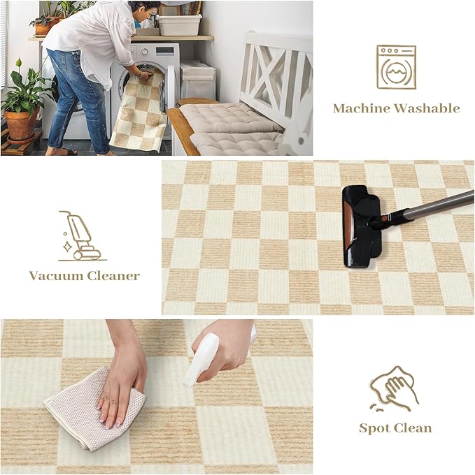 Machine Washable 5x7 Area Rugs for Living Room Checkered, Non Slip Soft Low Pile Farmhouse Geometric Modern Neutral Playroom Boys Rugs for Bedroom, Large Carpet Rugs for Dining Room(Ivory,5'x7')
