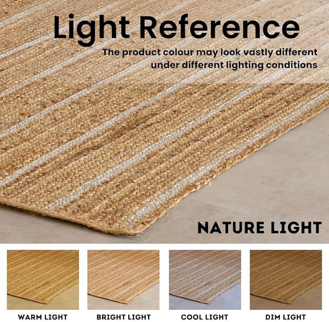 HOMEMONDE Natural Braided Jute Area Rug 6x9 ft - Off White Stripe Eco Friendly Premium Fiber - Hand Woven Rustic Vintage Reversible Braided Rugs for Bedroom, Kitchen, Living Room and Dining Room
