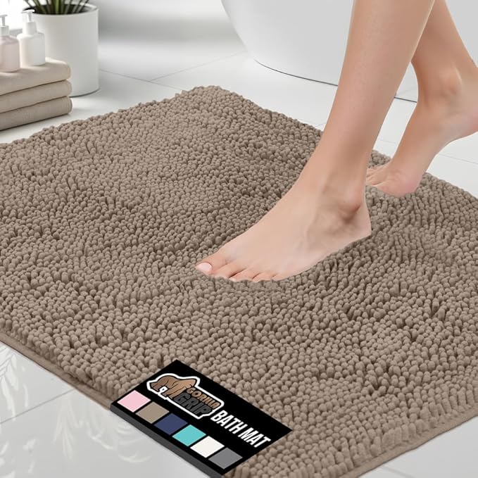 GORILLA GRIP Bath Rug Mat 44x26, Thick Absorbent Chenille, Quick Dry Microfiber Mats, Rubber Backing Washable Shower Floor Rugs, Bathmat Runner, US Designed Bathroom Home Decor Accessories Gray Beige