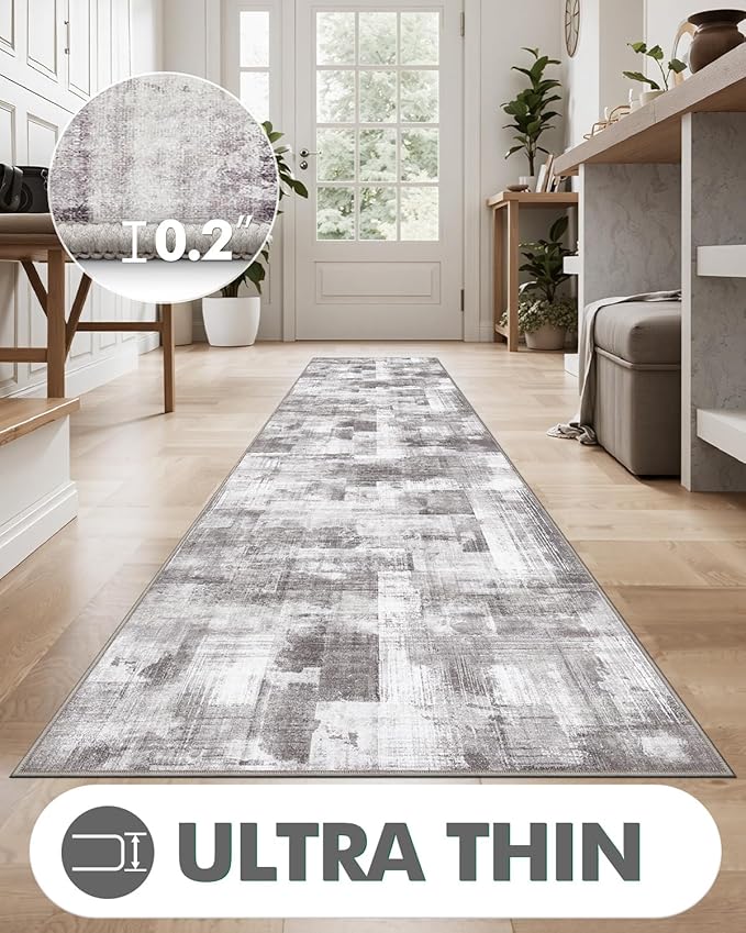 LUMI Washable Runner Rug, 3'x8' Non-Slip Hallway Mat, Low Profile Thin Long Carpeet for Laundry Kitchen Bedroom Office, Grey