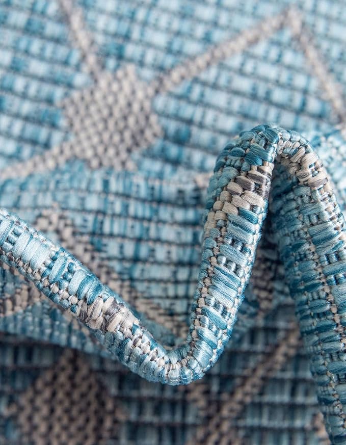 Unique Loom Outdoor Trellis Collection Area Rug - Tribal Trellis (5' 3" x 8' Oval, Aqua/ Ivory)