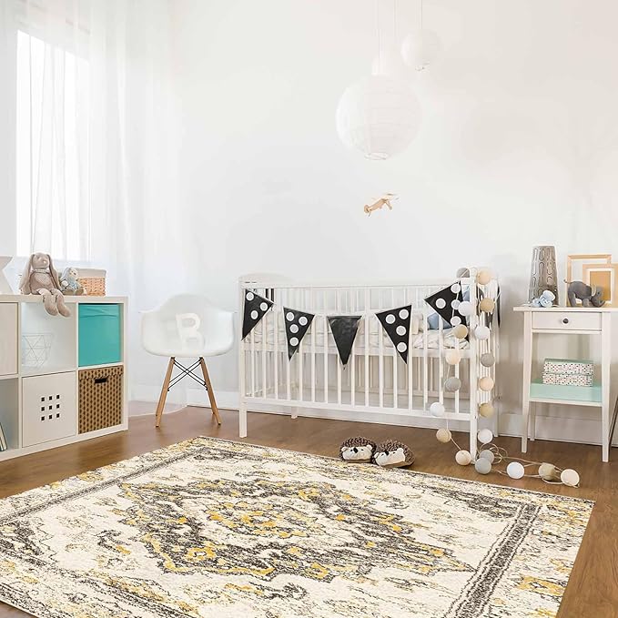 Bohemian Pattern Rectangular Area Rugs for Living Room Bedroom 3 x 5 ft Brown & Yellow Abstract Non-Shedding Soft Low Pile Rug Non Slip Washable Rug for Nursery Entryway Playroom