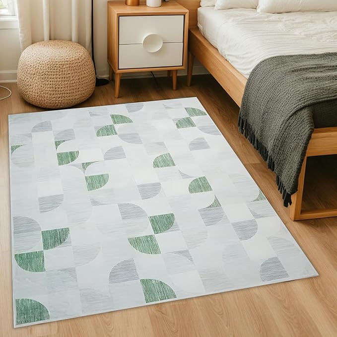 4X6 Rug Boho Washable, Modern Abstract Area Rugs for Bedroom Entryway Living Room Bedside Low-Pile, Small Throw Floor Carpet Non Slip Ultra-Thin Soft Indoor Light Green